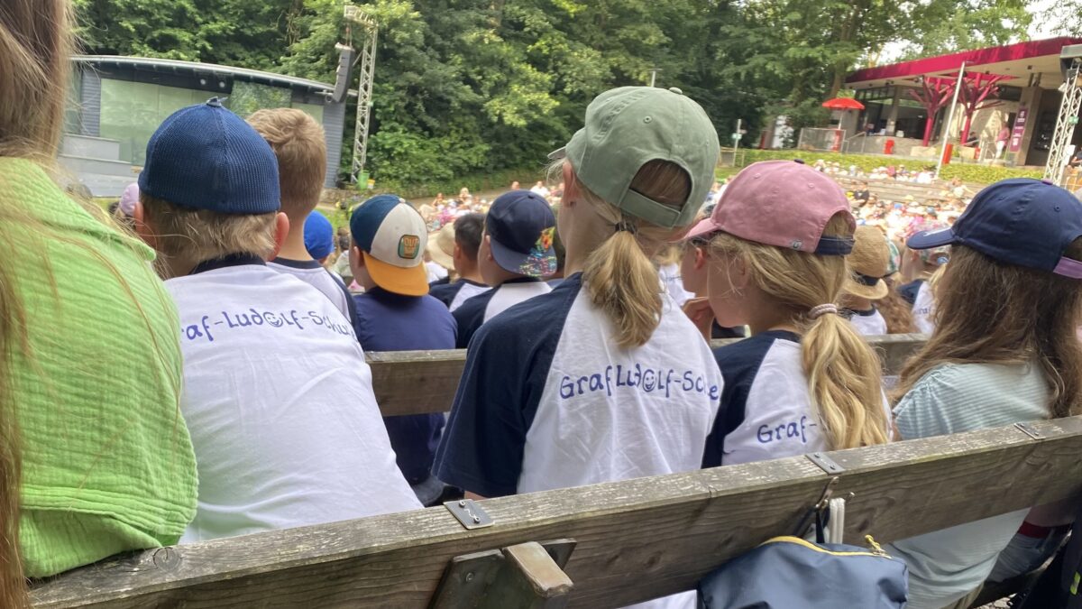 Schüler*innen im Schul-T-Shirt unserer Schule, von hinten aufgenommen
